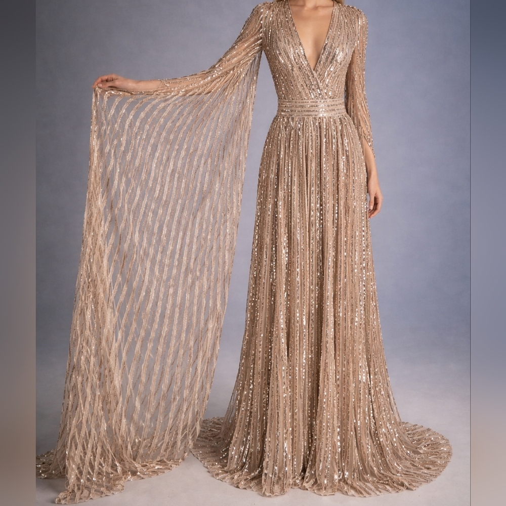 Elie Saab Sequin Cape Gown, Gold (Size 36 Small) Couture - New - Picture 3 of 12